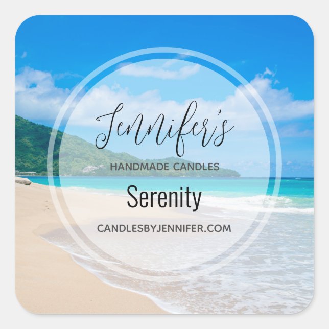 Tropical Beach Scenic Photo Candle Business Square Sticker (Front)