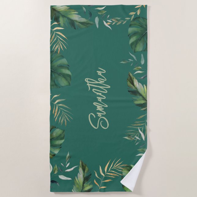 Tropical Beach Script Botanical Custom Beach Towel (Front)
