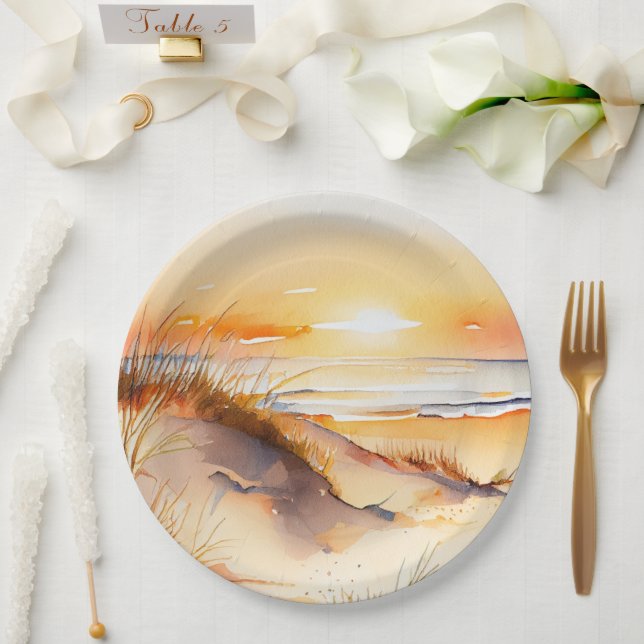 Tropical Beach Sea Sand Ocean Coast Sunset Paper Plate (Wedding)
