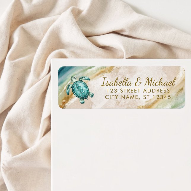 Tropical Beach Sea Turtle Gold Return Address Label (Creator Uploaded)