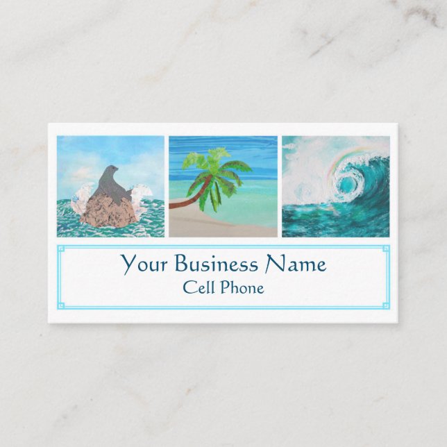 Tropical Beach Seal Palm Tree Ocean Wave Rainbow Business Card (Front)