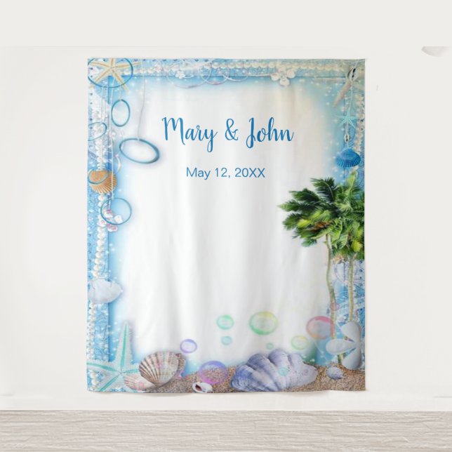 Tropical Beach Seashell Wedding Photo Backdrop Tapestry (Front)