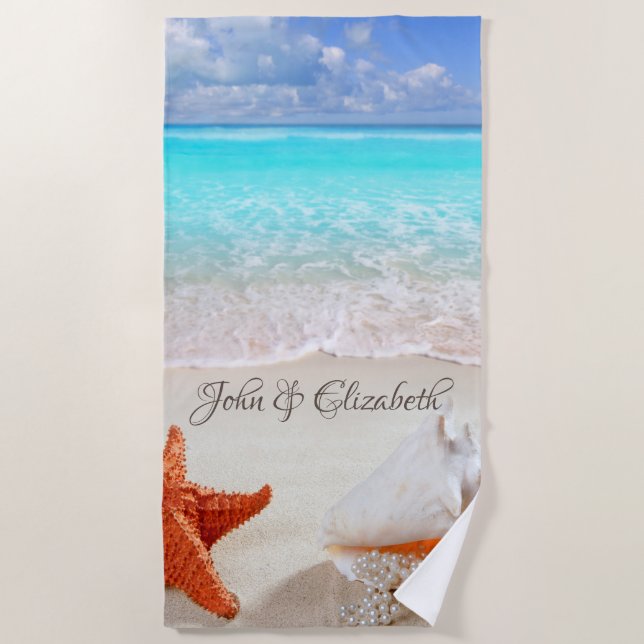 Tropical Beach Seashells Beach Towel (Front)