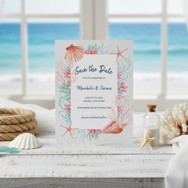 Tropical Beach Seashells & Coral Wedding Save The Date (Creator Uploaded)