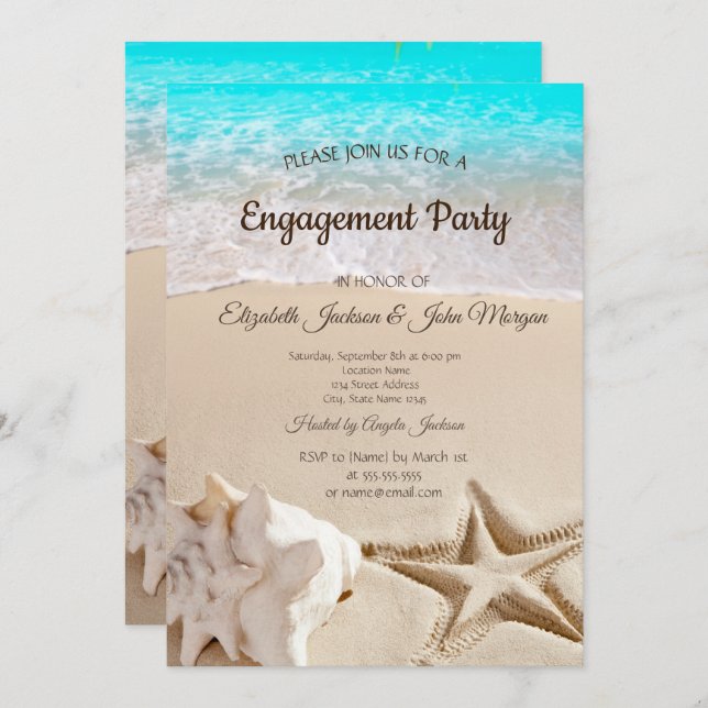 Tropical Beach,Seastar,Seashell Engagement Invitation (Front/Back)