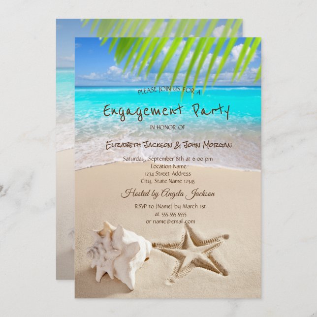 Tropical Beach,Seastar,Seashell Engagement Invitation (Front/Back)
