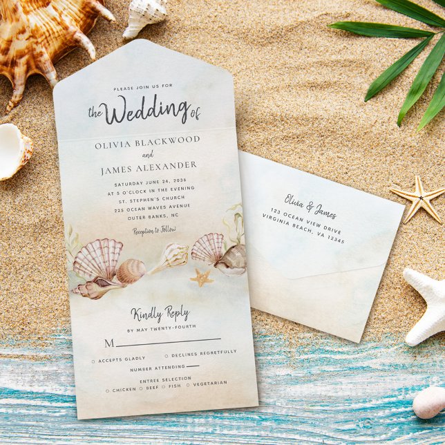 Tropical Beach Shells Destination Wedding All In One Invitation (Creator Uploaded)