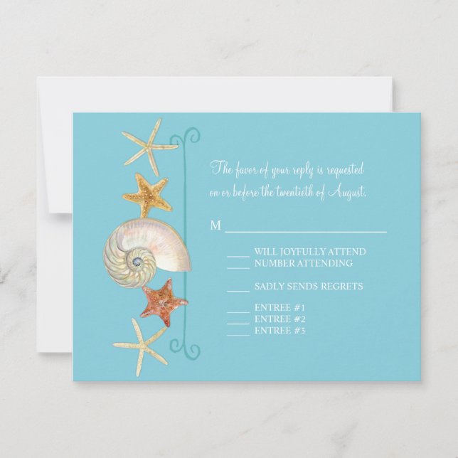 Tropical Beach Shells Starfish Nautilus Summer RSVP Card (Front)