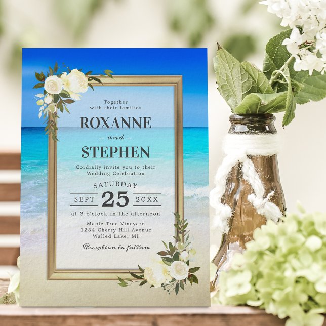 Tropical Beach Shore Floral Wedding Invitation (Creator Uploaded)