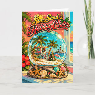 Tropical Beach Snow Globe with Lighthouse & Palms Holiday Card