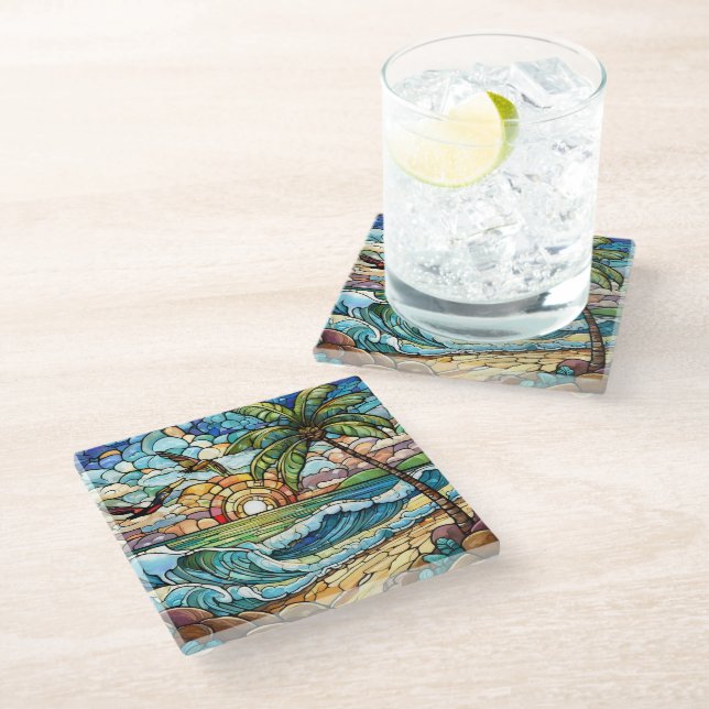Tropical Beach Stained glass art Coaster (Angled)
