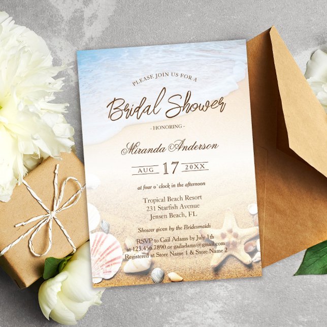 Tropical Beach Starfish and Shells Bridal Shower Invitation (Creator Uploaded)