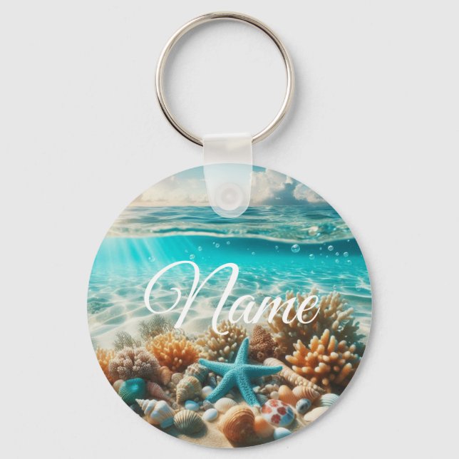 Tropical Beach Starfish Customisable Name Key Ring (Front)
