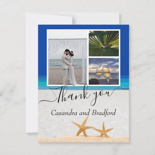 Tropical Beach Starfish in Sand Wedding  Dark Blue Thank You Card (Front)