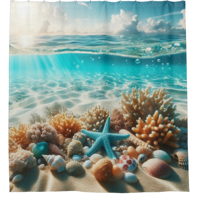 Tropical Beach Starfish Seashells Ocean Scene Shower Curtain (Front)