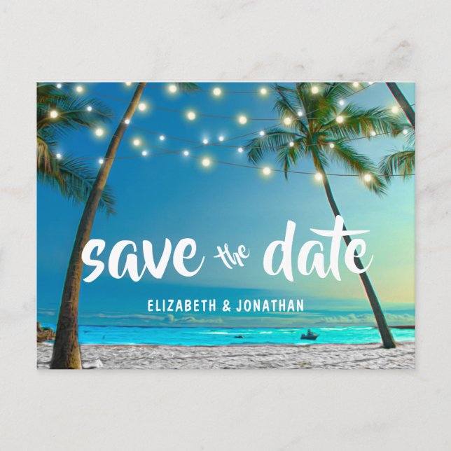 Tropical Beach String Lights Palm Trees Modern Announcement Postcard (Front)