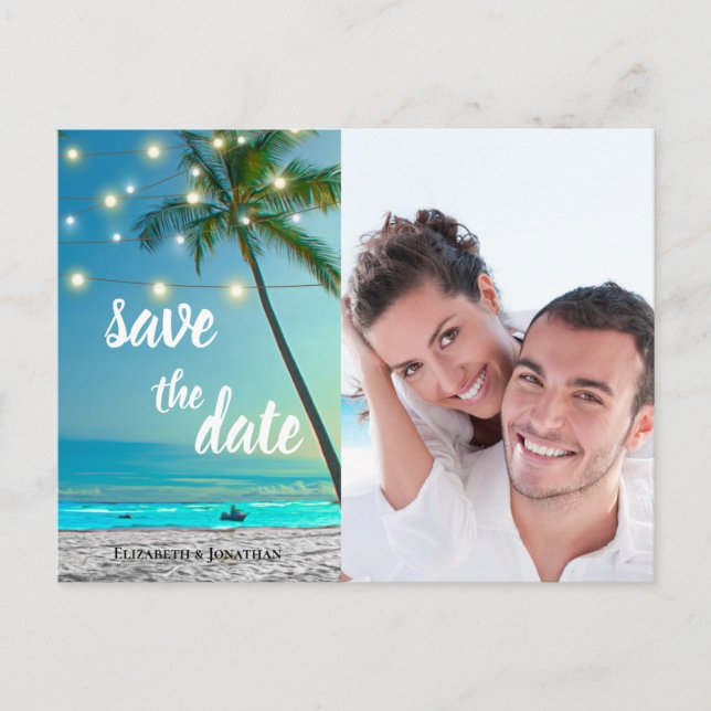 Tropical Beach String Lights Palms Save The Date Announcement Postcard (Front)