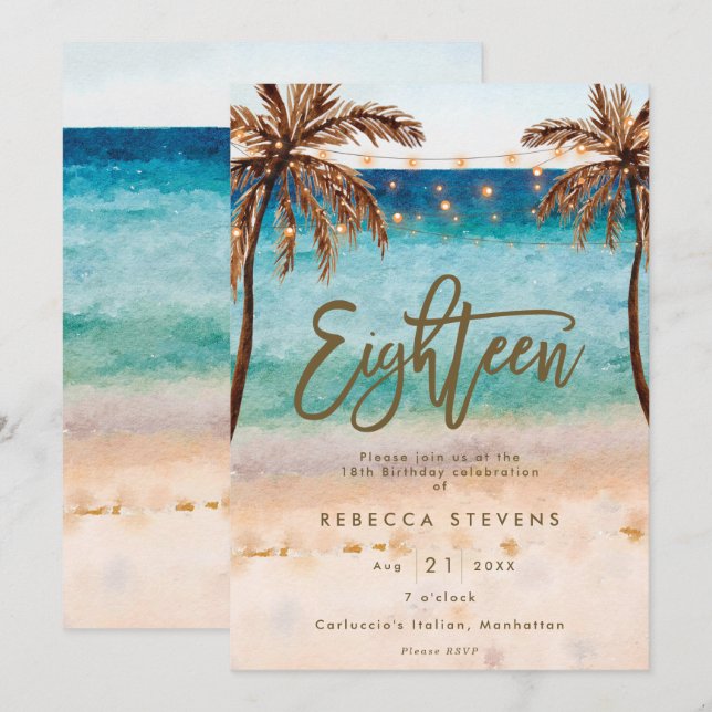 tropical beach summer 18th birthday party invitation (Front/Back)