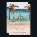 tropical beach summer 18th birthday party invitation<br><div class="desc">A lovely tropical beach themed 18th birthday invitation with palm trees and string lights and matching reverse side. Easy to edit or delete the available text fields to personalise the information with your own details for a professional and custom finish. Matching items are available in this boho collection. Please visit...</div>