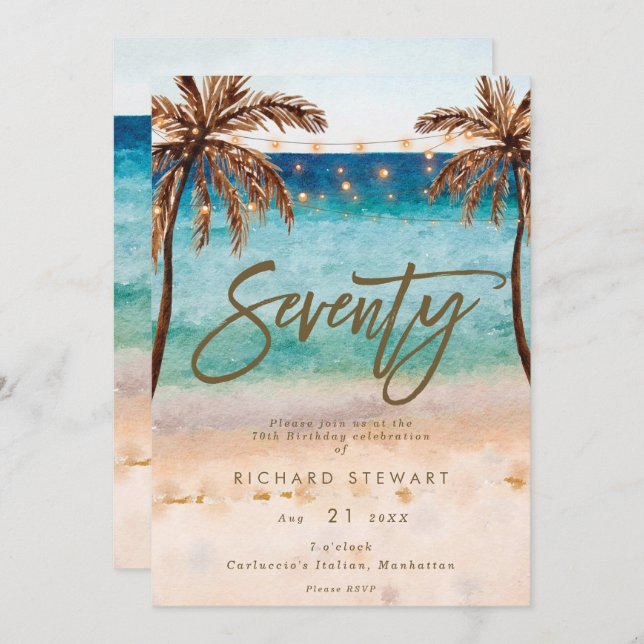 tropical beach summer 70th birthday party invitation (Front/Back)