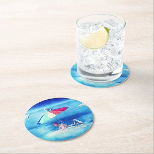 Tropical Beach Summer Girl Vacation Watercolor Round Paper Coaster