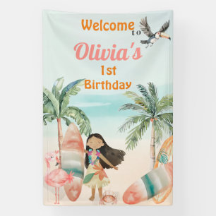 Tropical Beach Summer Surf Sea 1st Birthday Girl Banner