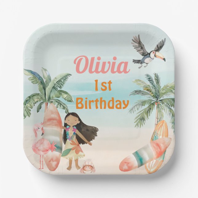 Tropical Beach Summer Surf Sea 1st Birthday Girl Paper Plate (Front)
