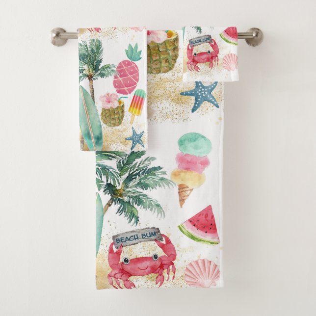 Tropical Beach Summer Surf Seashells Palm Trees Bath Towel Set (Insitu)
