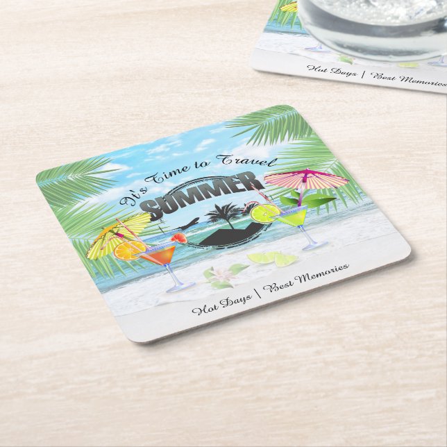 Tropical Beach, Summer Vacation | Personalised Square Paper Coaster (Angled)