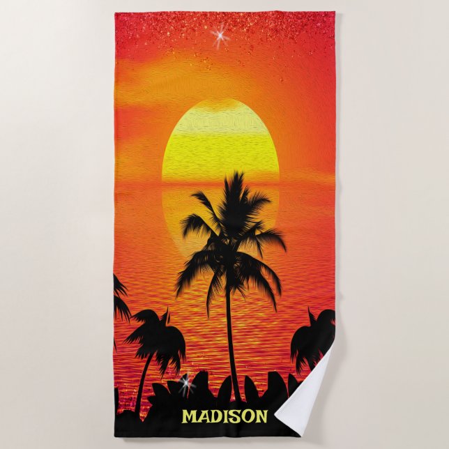 Tropical Beach Sunset Beach Towel (Front)