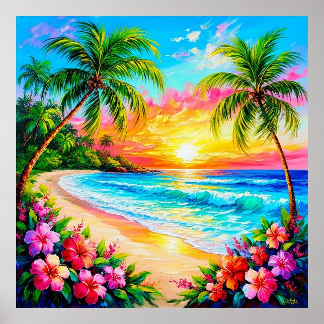 Tropical Beach Sunset Exotic Coastal 🌴🌅 Poster (Front)