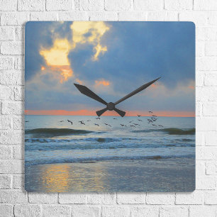 Tropical Beach Sunset Family Vacation Home Decor Square Wall Clock