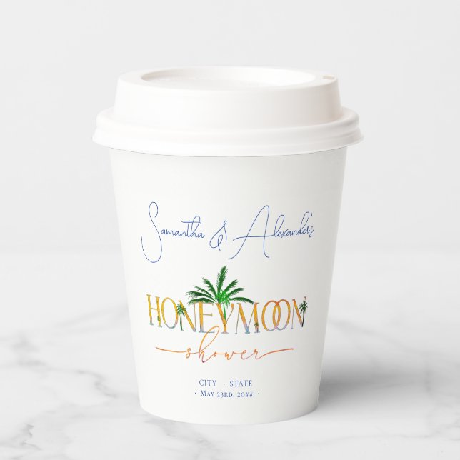 Tropical Beach Sunset Honeymoon Fund Couple Shower Paper Cups (Front)