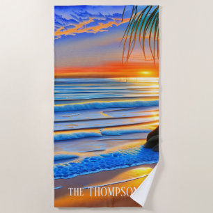 Tropical Beach Sunset in Bermuda Beach Towel