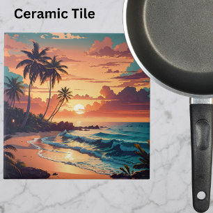 Tropical Beach Sunset Large Ceramic Tile