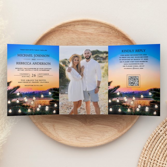 Tropical Beach Sunset Lights Photo QR Code Wedding Tri-Fold Invitation (Creator Uploaded)