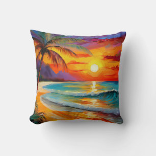 Tropical Beach Sunset Ocean Hawaii Coastal Art Cushion