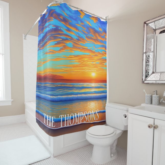 Tropical Beach Sunset over Clear Ocean Shower Curtain (In Situ)