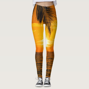 Tropical Beach Sunset Palm Illustration Leggings