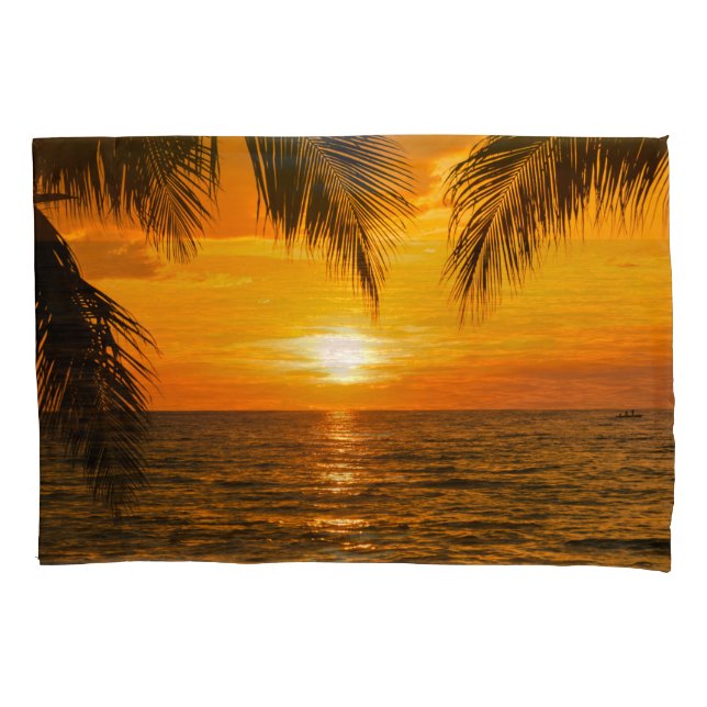 Tropical Beach Sunset Palm Illustration Pillowcase (Front)