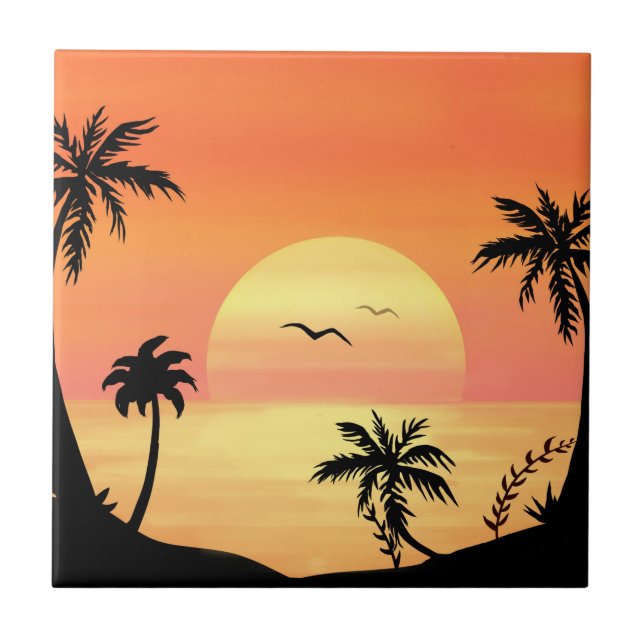 Tropical Beach Sunset Palm Tree Silhouette Art Ceramic Tile (Front)