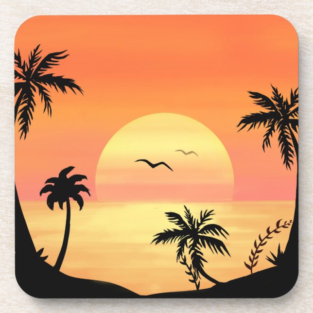 Tropical Beach Sunset Palm Tree Silhouette Art Coaster (Front)