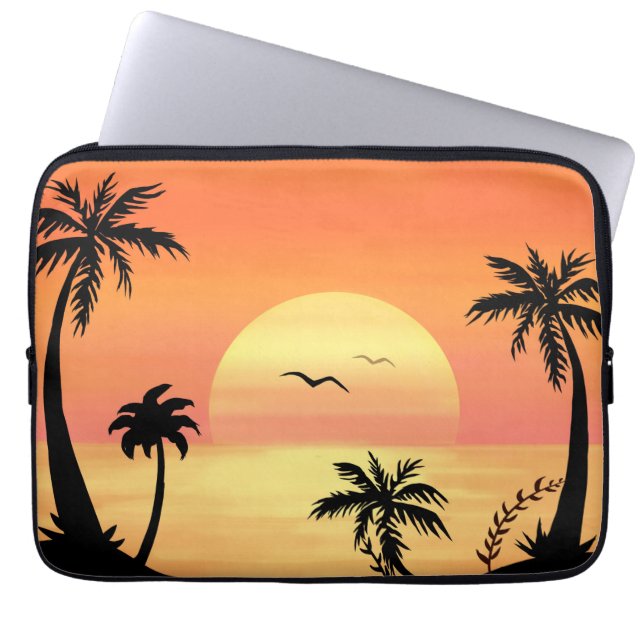 Tropical Beach Sunset Palm Tree Silhouette Art Laptop Sleeve (Front)