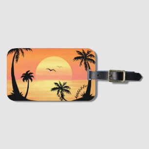 Tropical Beach Sunset Palm Tree Silhouette Art Luggage Tag