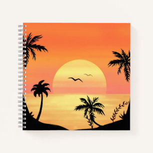 Tropical Beach Sunset Palm Tree Silhouette Art Notebook