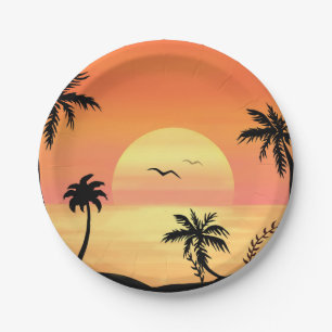 Tropical Beach Sunset Palm Tree Silhouette Art Paper Plate