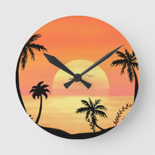 Tropical Beach Sunset Palm Tree Silhouette Art Round Clock