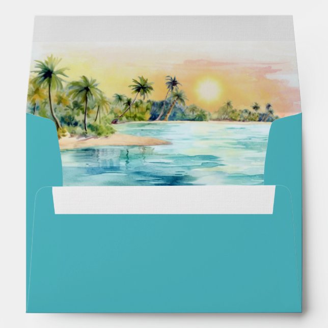Tropical Beach Sunset & Palm Tree Wedding Envelope (Back (Bottom))