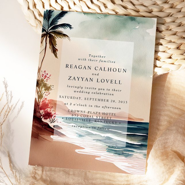 Tropical Beach Sunset Palm Tree Wedding Invitation (Creator Uploaded)
