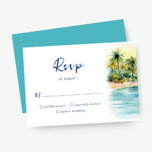 Tropical Beach Sunset & Palm Tree Wedding RSVP Card